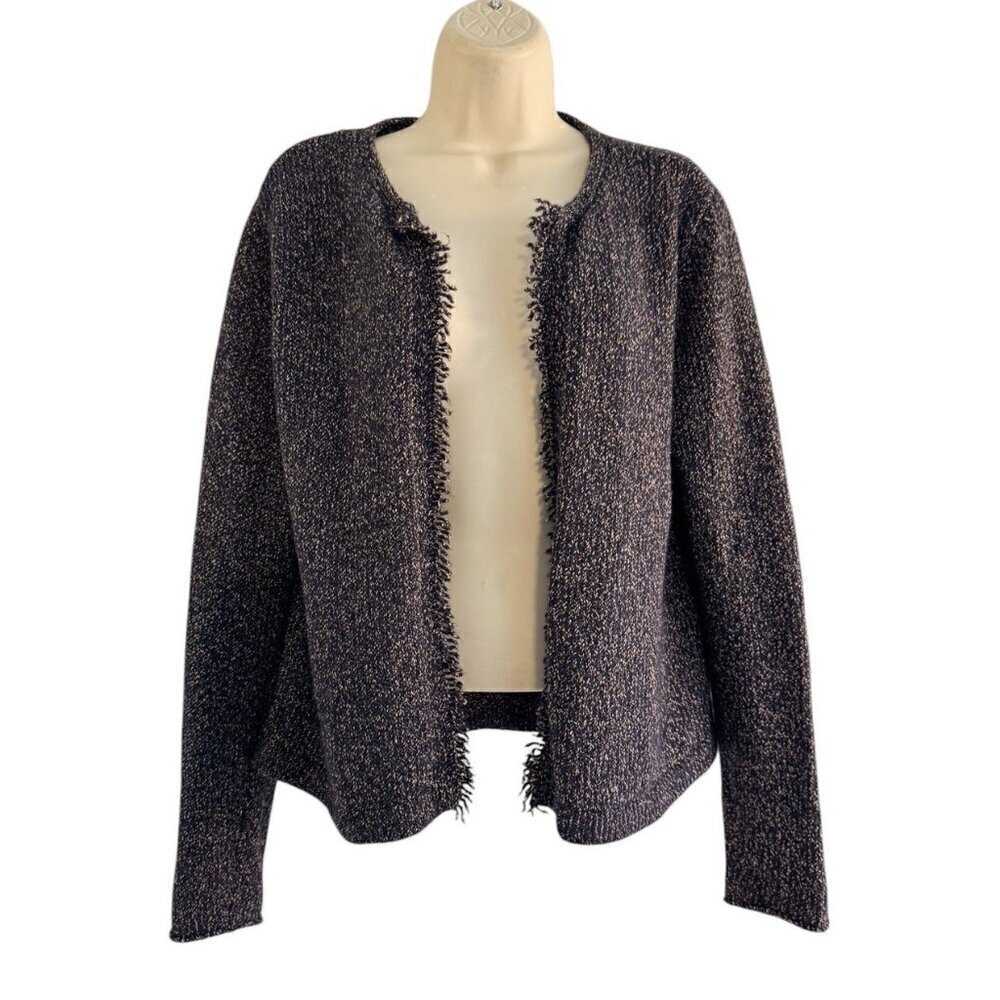 Eileen Fisher Womans Sz S Speckled Fringe Open Front Cardigan Sweater Wool Blend
